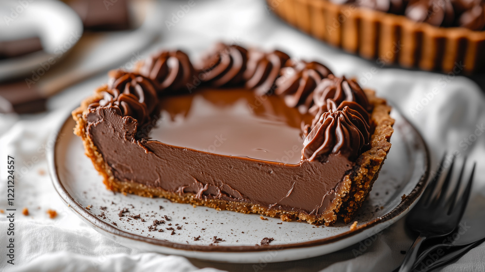 Close-up of a chocolate tart slice with a creamy filling and crispy base, stunningly detailed for food photography. Close-up of a chocolate tart slice with a creamy filling and crispy base, stunningly detailed for food photography.