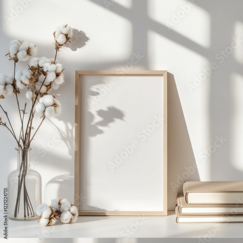 Blank frame mockup with cotton flowers and books.