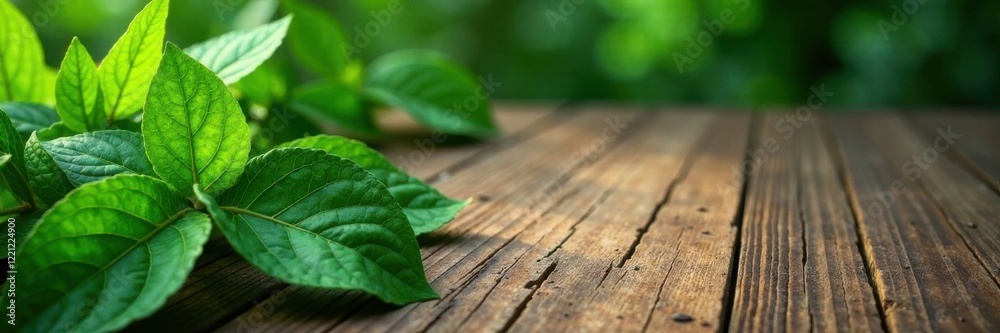 Fototapeta premium Leafy greens on a wooden table , leafy, botanicals, greens