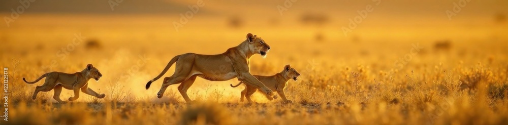 Fototapeta premium Lioness and her cubs running on the savannah, children, savannah