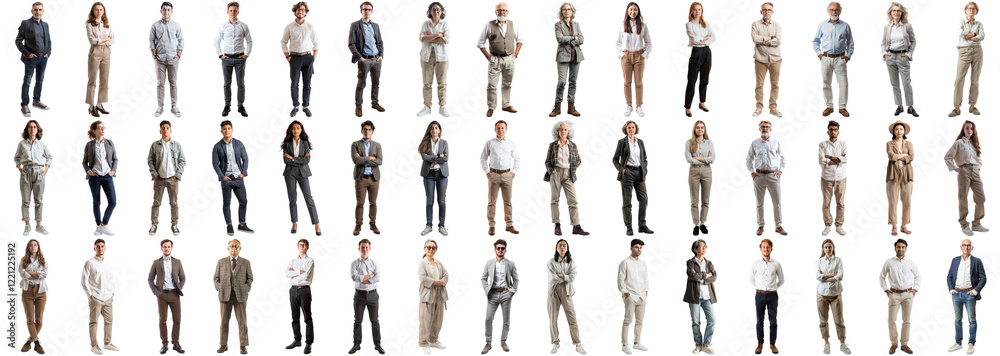 Obraz premium Many business people set isolated background, casual formal attire wear, full body length, networking mixed different diversed businesspeople, happy male female, successful career, crisp edges style