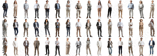 Many business people set isolated background, casual formal attire wear, full body length, networking mixed different diversed businesspeople, happy male female, successful career, crisp edges style