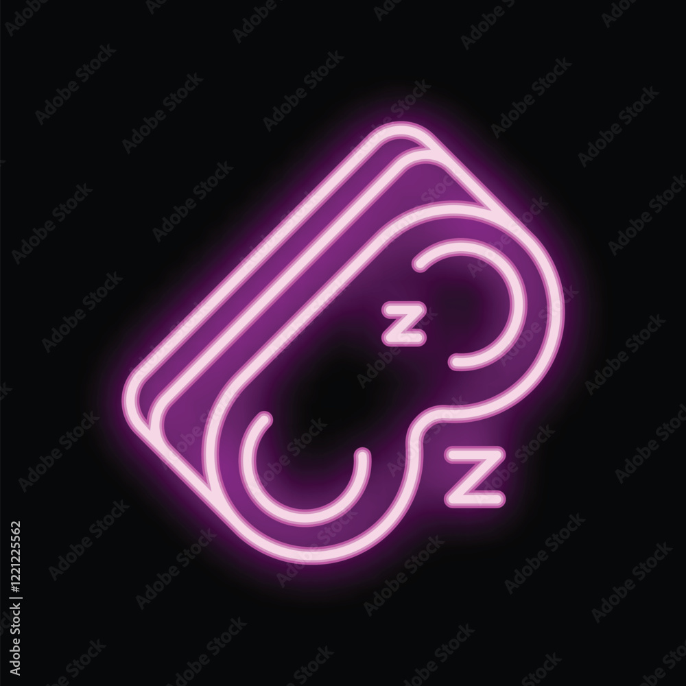 Neon sign representing a sleep mask glowing pink against a dark background, perfect for sleep related themes Neon sign representing a sleep mask glowing pink against a dark background, perfect for sleep related themes