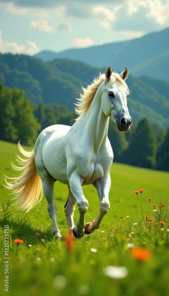 Fototapeta premium Majestic white horse prances in a lush meadow, outdoors, white animal