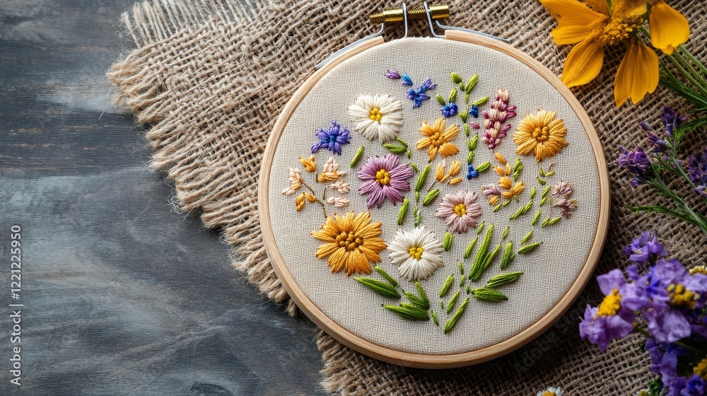 Floral embroidery hoop among flowers composition background Floral embroidery hoop among flowers composition background