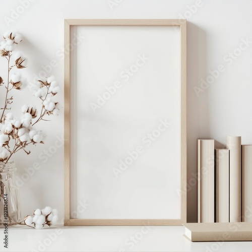 Blank vertical frame mockup with cotton and books.