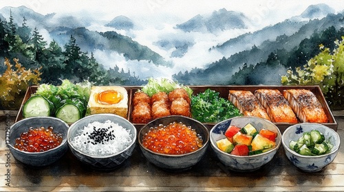 Traditional Japanese Cuisine Displayed with Scenic Mountain Background