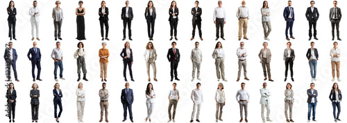 Many business people set isolated background, casual formal attire wear, full body length, networking mixed different diversed businesspeople, happy male female, successful career, crisp edges style