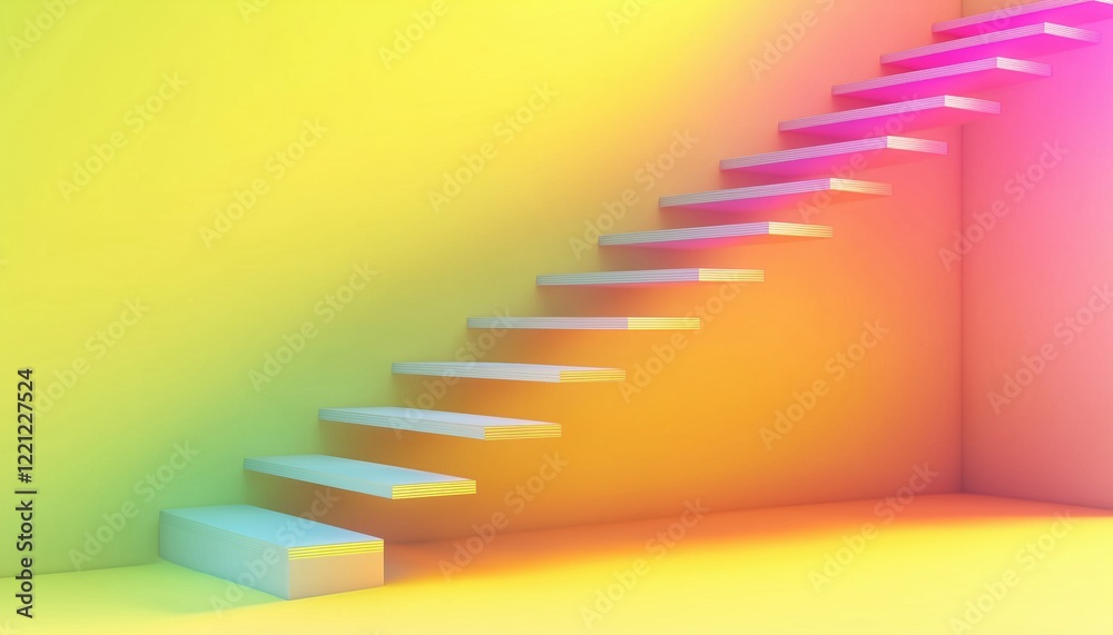 Obraz premium Yellow Floating Stairs Featuring A Rainbow Hsl Color Scheme And Soft Shadows, Showcased In A Realistic Rendering. Stunning Design Concept.