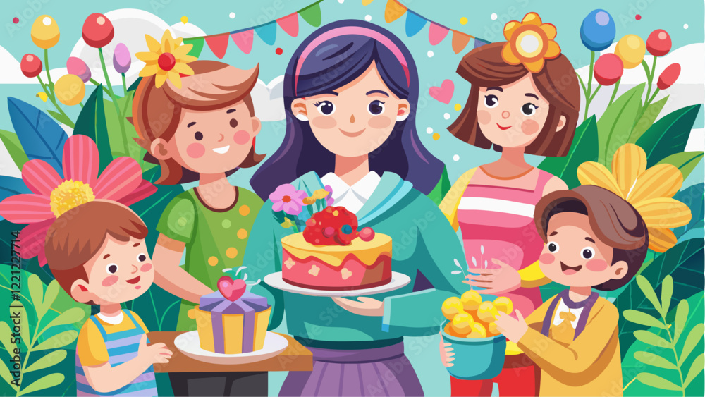 Festive celebration with a woman holding a decorated cake, surrounded by children and friends with flowers, gifts, and colorful decorations in a cheerful outdoor setting Festive celebration with a woman holding a decorated cake, surrounded by children and friends with flowers, gifts, and colorful decorations in a cheerful outdoor setting