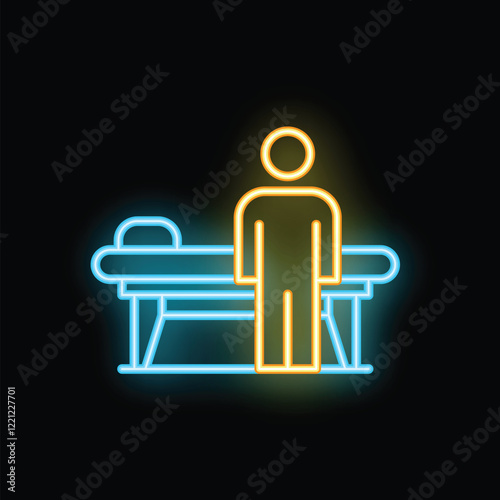 Bright neon sign icon of a physiotherapist standing by a massage table