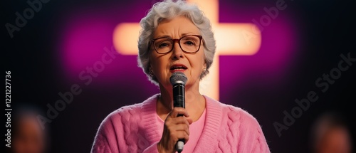 An elderly woman passionately speaks into a microphone while standing in front of a large illuminated cross, emphasizing her powerful connection to faith and community on a spiritu photo