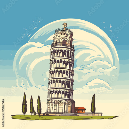 Leaning tower of Pisa hand-drawn comic illustration. Leaning tower of Pisa. Vector doodle style cartoon illustration
