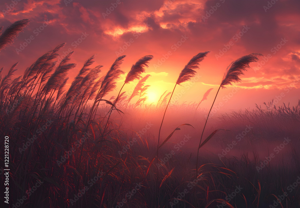 The sun rises in the east, and the grassy field is filled with fog. The sun rises in the east, and the grassy field is filled with fog.
