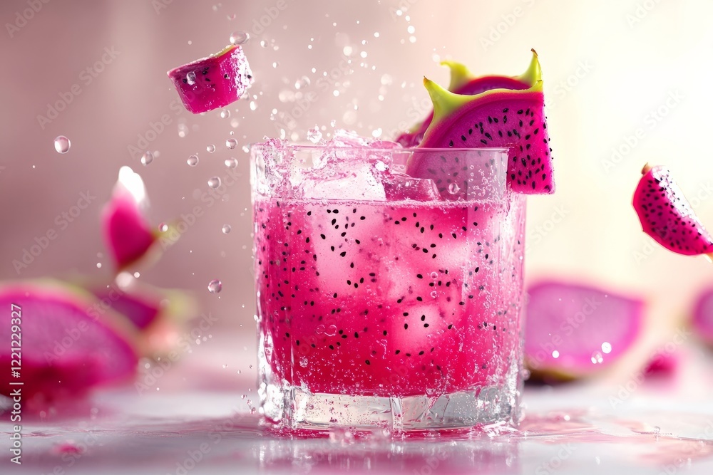 A refreshing, bright pink dragon fruit drink splashes into a glass filled with ice, adorned with fresh garnishes, all set against a vibrant backdrop