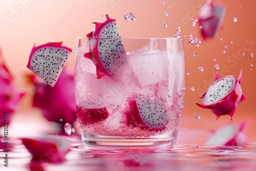 Refreshing dragon fruit beverage with ice and rose petals splashing in the background during a vibrant summer day