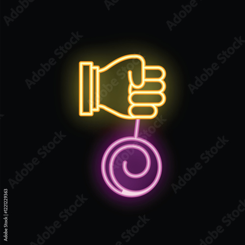 Neon sign of a hand holding a yo yo, glowing in the dark with vibrant colors
