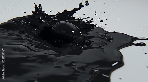 A water droplet impacting the surface, splitting into several tiny splashes with light reflections and intricate details visible against a plain white backdrop