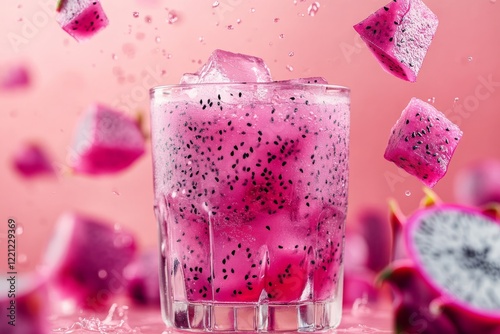Enjoy a refreshing dragon fruit beverage served over ice cubes, beautifully complemented by a vibrant pink backdrop that adds to its appeal