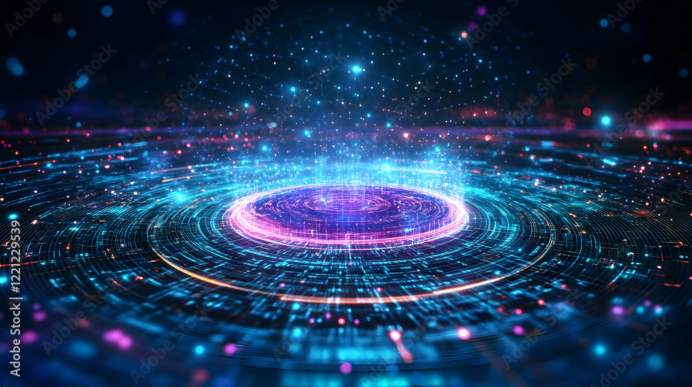 Colorful digital swirl of glowing particles and connected nodes over a dark background suggests advanced technology and data visualization Colorful digital swirl of glowing particles and connected nodes over a dark background suggests advanced technology and data visualization