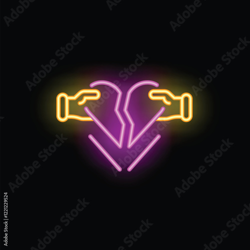 Neon sign of two hands holding a broken heart, representing heartbreak and lost love