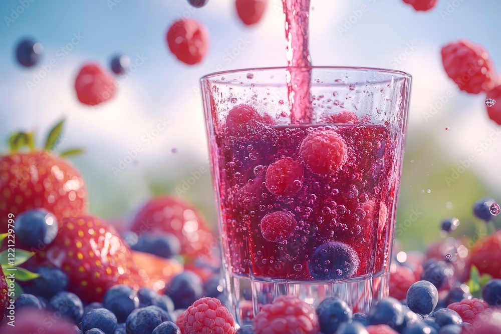 Refreshing berry beverage being poured into a glass surrounded by fresh strawberries and blueberries in a sunny outdoor setting