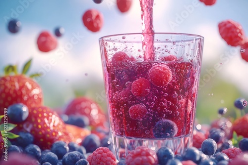 Obraz na płótnie Refreshing berry beverage being poured into a glass surrounded by fresh strawberries and blueberries in a sunny outdoor setting w salonie