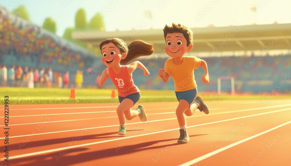 Fototapeta premium Children Engaging In Healthy Sport Activity At An Athletics Competition: Running On Outdoor Track As Young Athletes Train And Exercise.