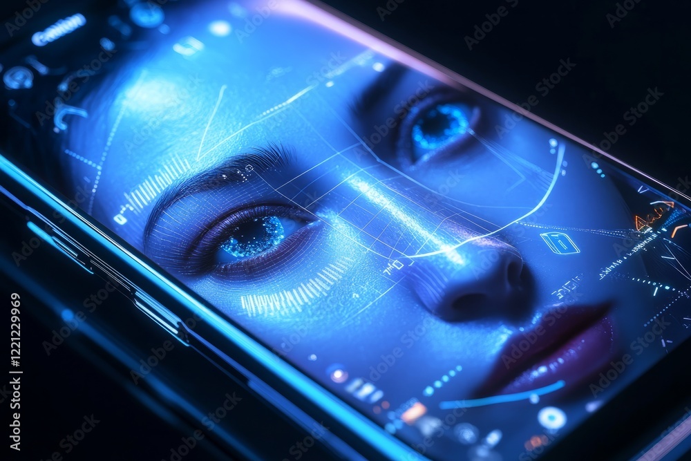 Innovative smartphone showcasing advanced facial recognition technology illuminated in blue light in a dark setting
