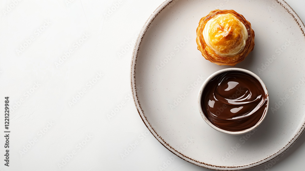An open profiterole with cream filling next to a bowl of melted chocolate in a minimalist, modern composition. An open profiterole with cream filling next to a bowl of melted chocolate in a minimalist, modern composition.