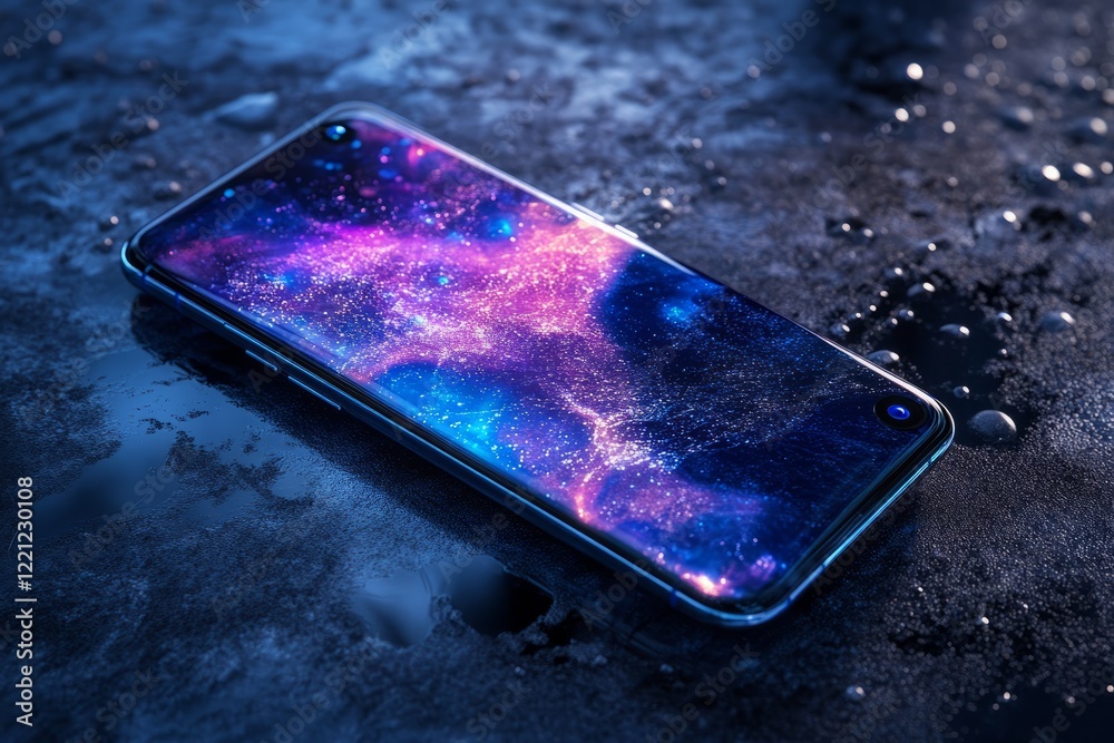 Cosmic design on smartphone resting on wet surface under low light during evening hours, showcasing vibrant colors and starry effects