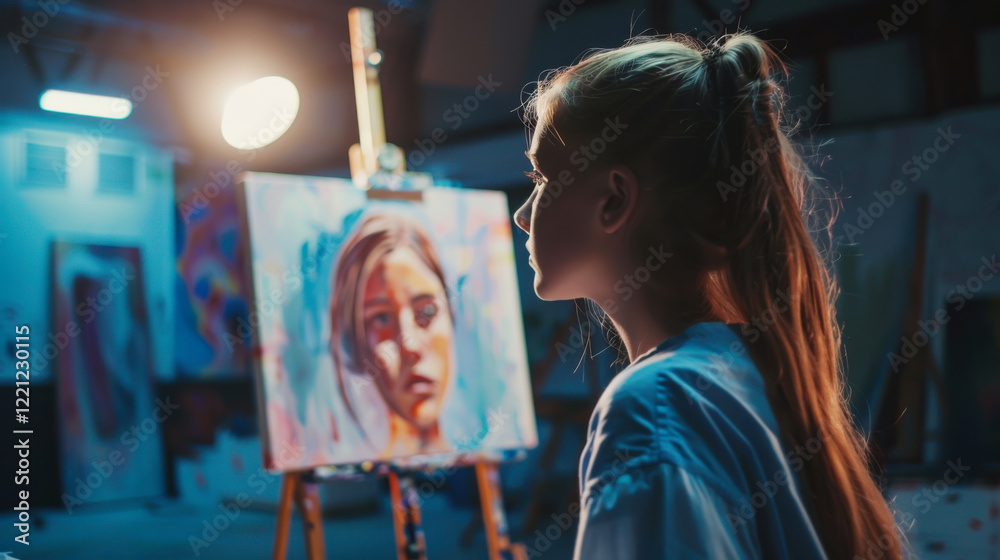 Fototapeta premium Young woman admiring paintings in an art studio during evening hours with vibrant lighting and creative atmosphere