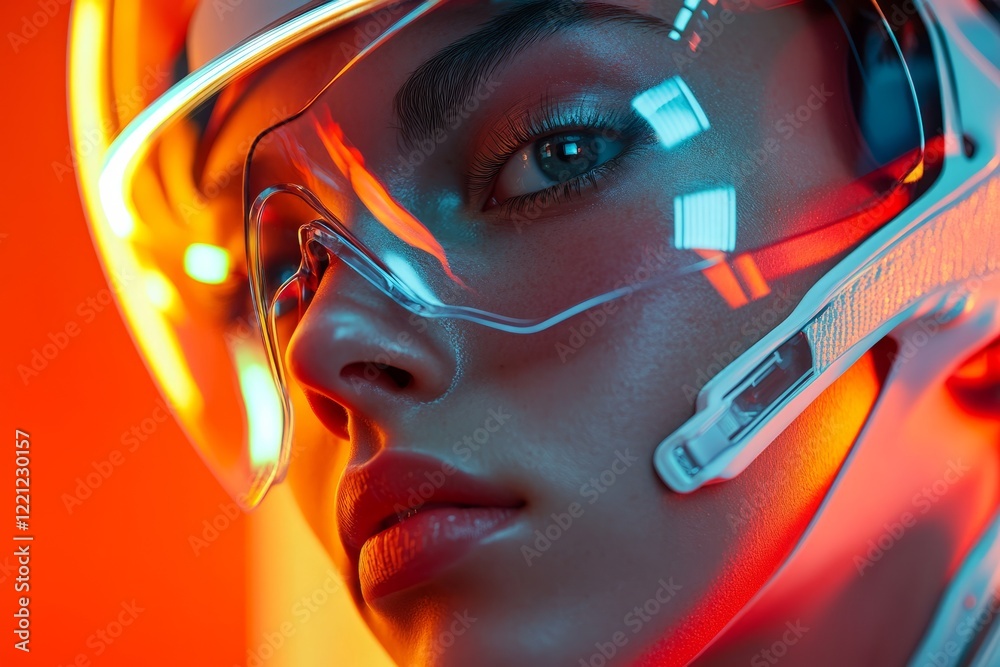 Futuristic portrait of a woman wearing a helmet and goggles with vibrant lighting in a modern environment