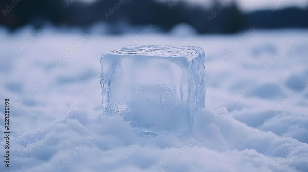 A clear ice cube rests on a snowy surface, highlighting winter's beauty and tranquility. A clear ice cube rests on a snowy surface, highlighting winter's beauty and tranquility.