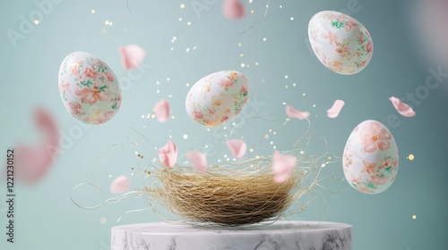 Colorful floral eggs float above a nest surrounded by pink petals on a light background photo