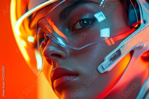 Obraz na płótnie Futuristic portrait of a woman wearing a helmet and goggles with vibrant lighting in a modern environment w salonie