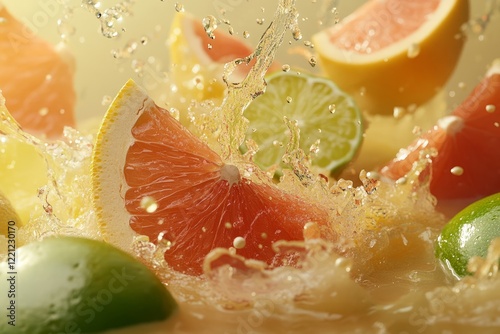 Fresh citrus fruits create vibrant splashes in a bowl during a sunny afternoon, highlighting the refreshing essence of summer’s flavors