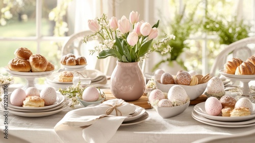 Wallpaper Mural Elegant spring brunch featuring pastel eggs and floral arrangements in a bright, sunlit dining room Torontodigital.ca