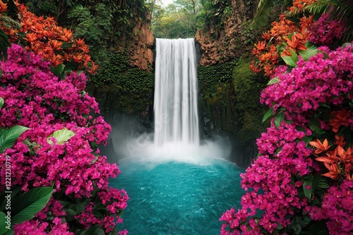 Waterfalls of nature: Wildlife and natural wonders . Lush waterfall surrounded by vibrant flowers and clear blue water.