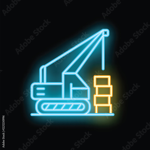 Neon style icon of a construction crane lifting a concrete block, a symbol of the building and construction industry