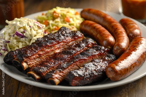 A mouth-watering BBQ platter with ribs, sausages, and brisket, beautifully arranged with a side of coleslaw.