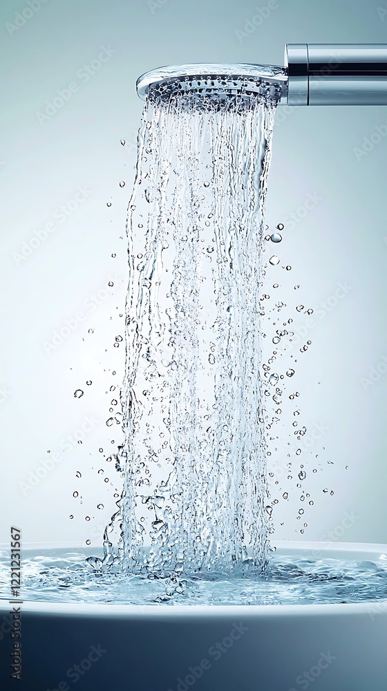 Crystal-clear water pouring down gracefully, with droplets forming as the stream breaks apart on a pure white background Crystal-clear water pouring down gracefully, with droplets forming as the stream breaks apart on a pure white background