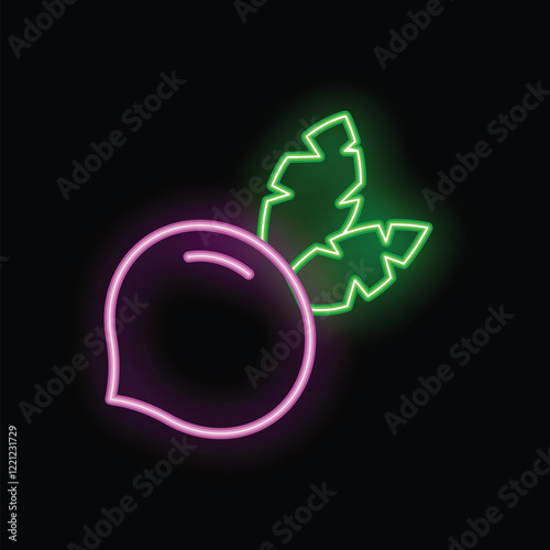 Purple and green neon icon of a beetroot glowing on black background