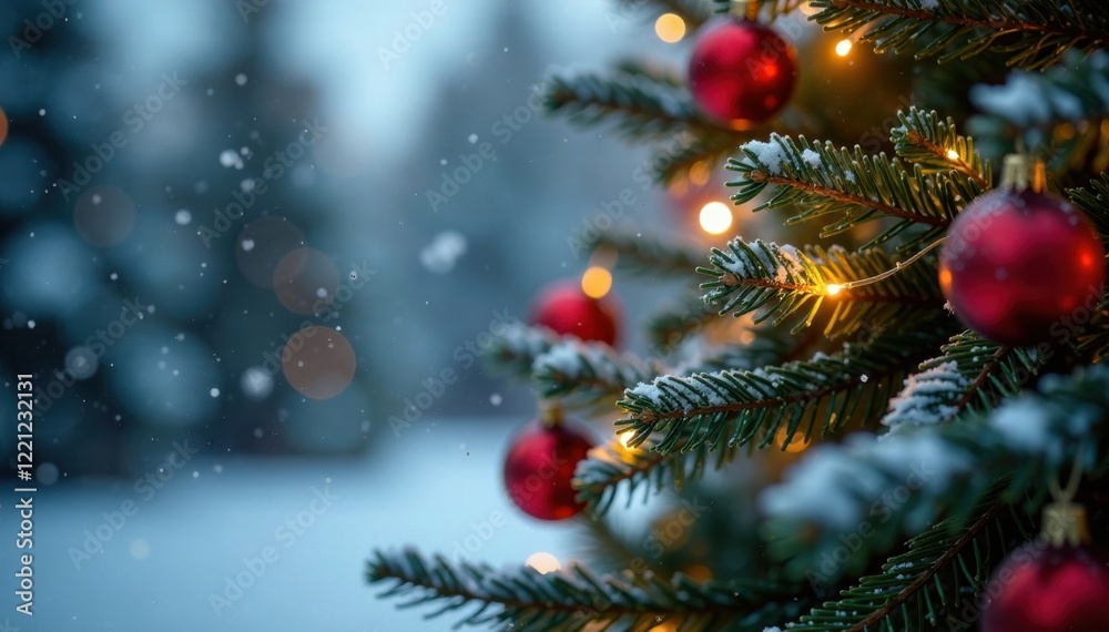Snowflakes falling on Christmas tree , festive, winter