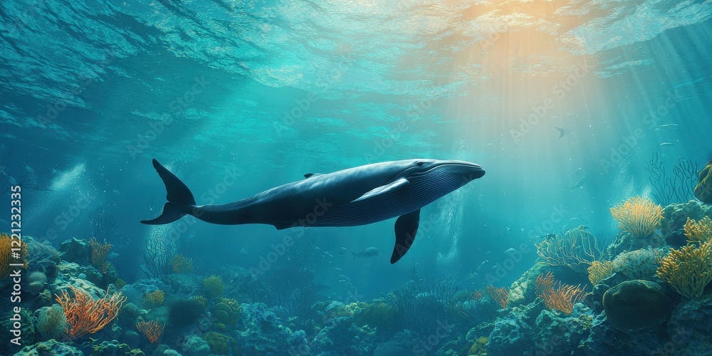 Obraz premium World whale day with marine and habitat idea. Majestic whale swimming through vibrant coral reef underwater.