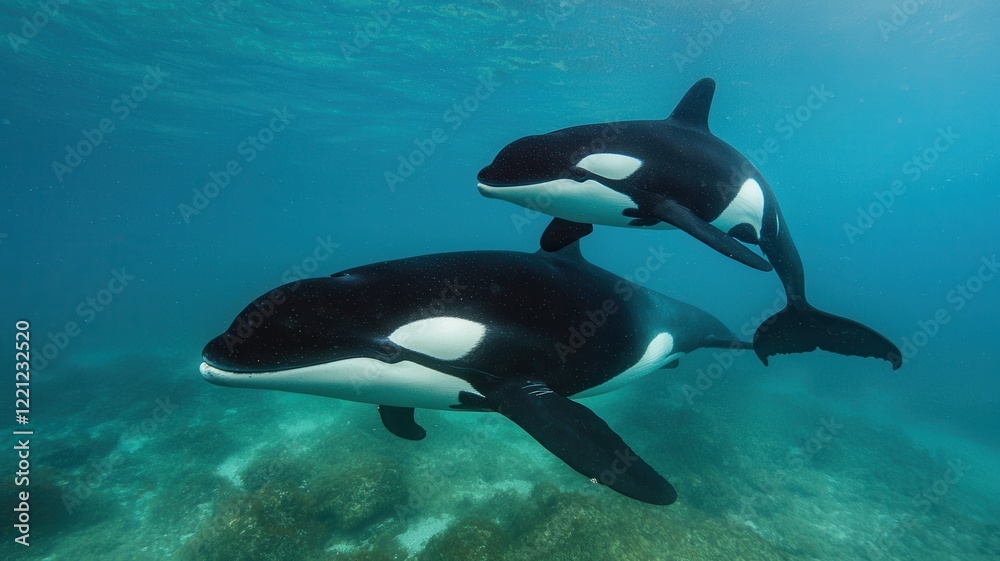 Naklejka premium World whale day with marine and habitat idea. Two whales swimming peacefully underwater.