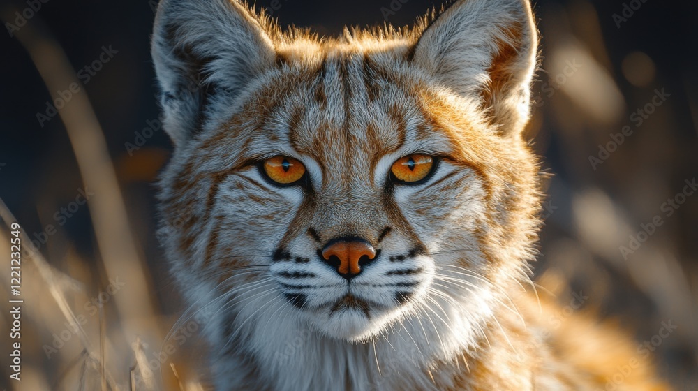 Obraz premium Close-up of a lynx with striking amber eyes amidst a blurred natural background