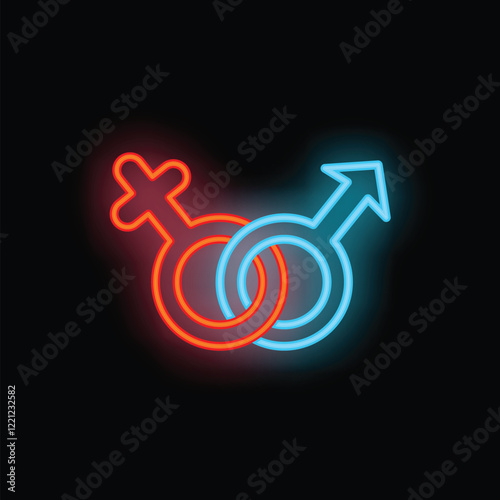 Neon sign depicting male and female symbols intertwined, symbolizing love, relationships, and gender equality
