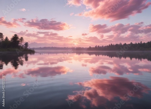 Soft pastel pink sunset over a serene lake with fluffy white clouds and gentle ripples on the water's surface, lake, , pastel colors
