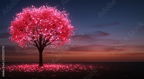 Romantic Surreal Tree with Glowing Heart-Shaped Leaves photo